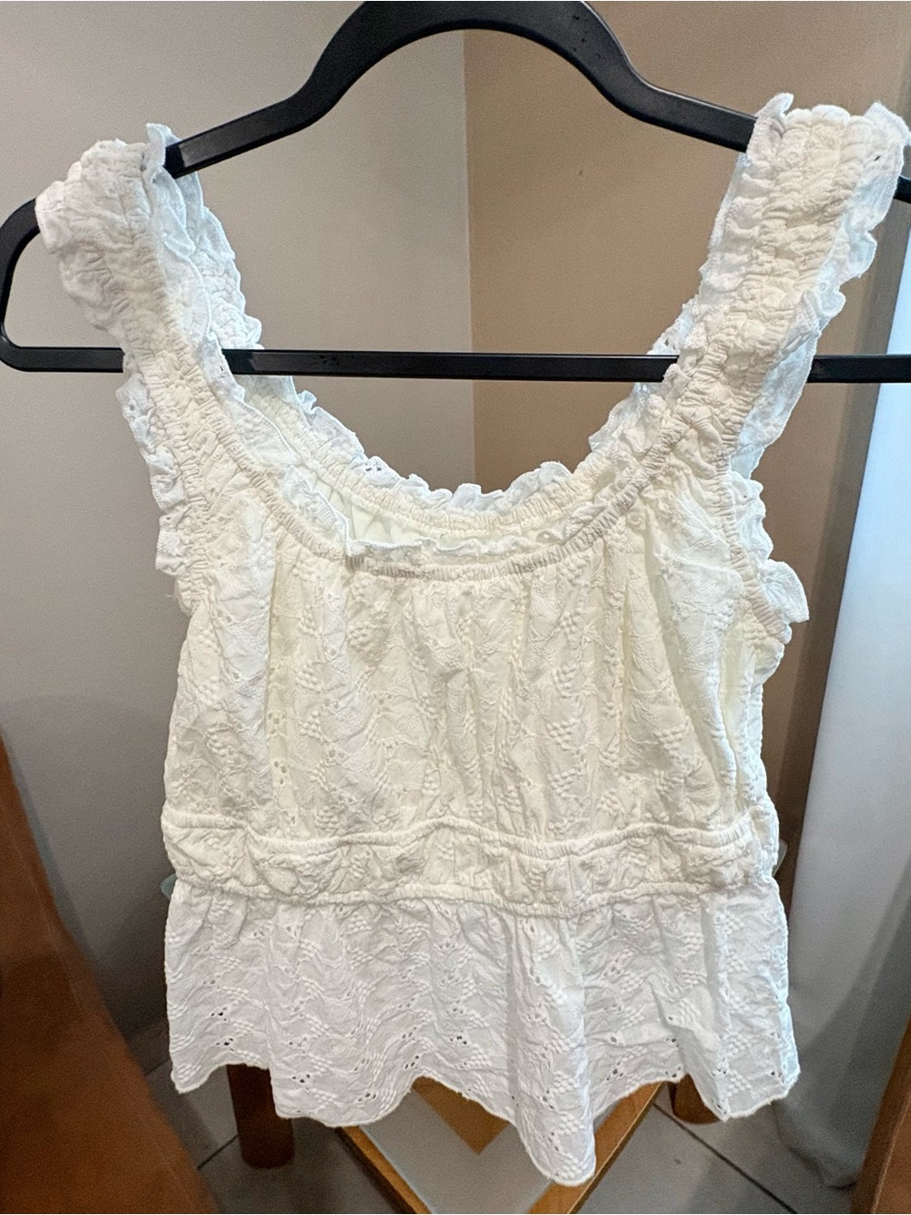 Women’s White Eyelet Ruffle Tank Top